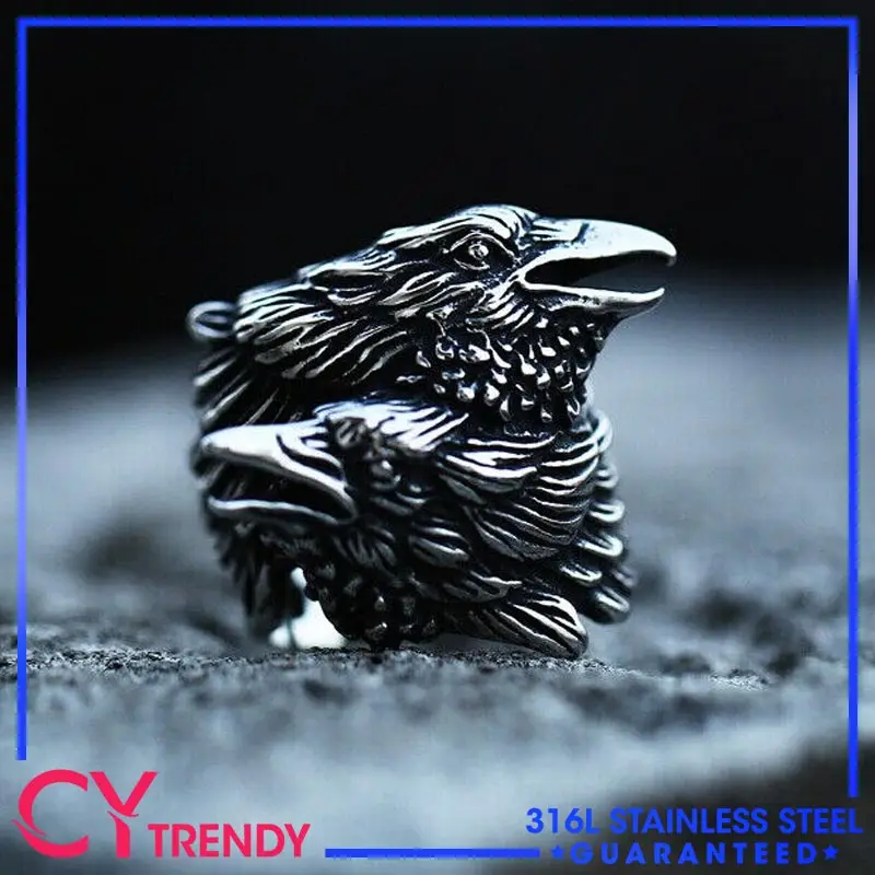 Vintage In Acciaio Inox Mens Biker Viking Odin Crow Bird Raven Anelli Taglia 7-13 Accessori Spedizione Gratuita