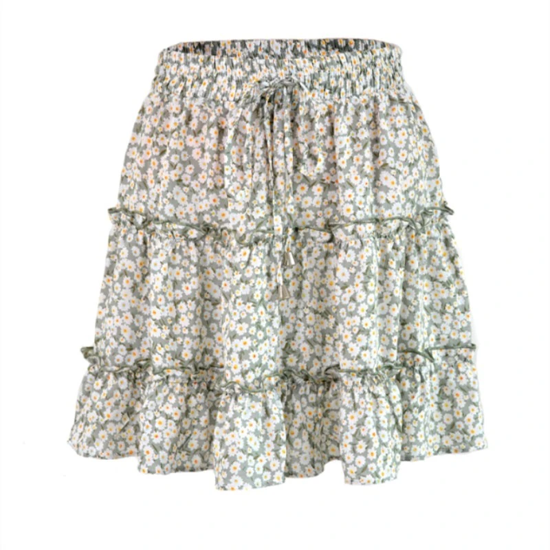 2021 Summer Autumn  European Women's High Waist Ruffle Floral Skirt Printed Beach A-line Skirt Girls Green Broken Flower black pleated skirt