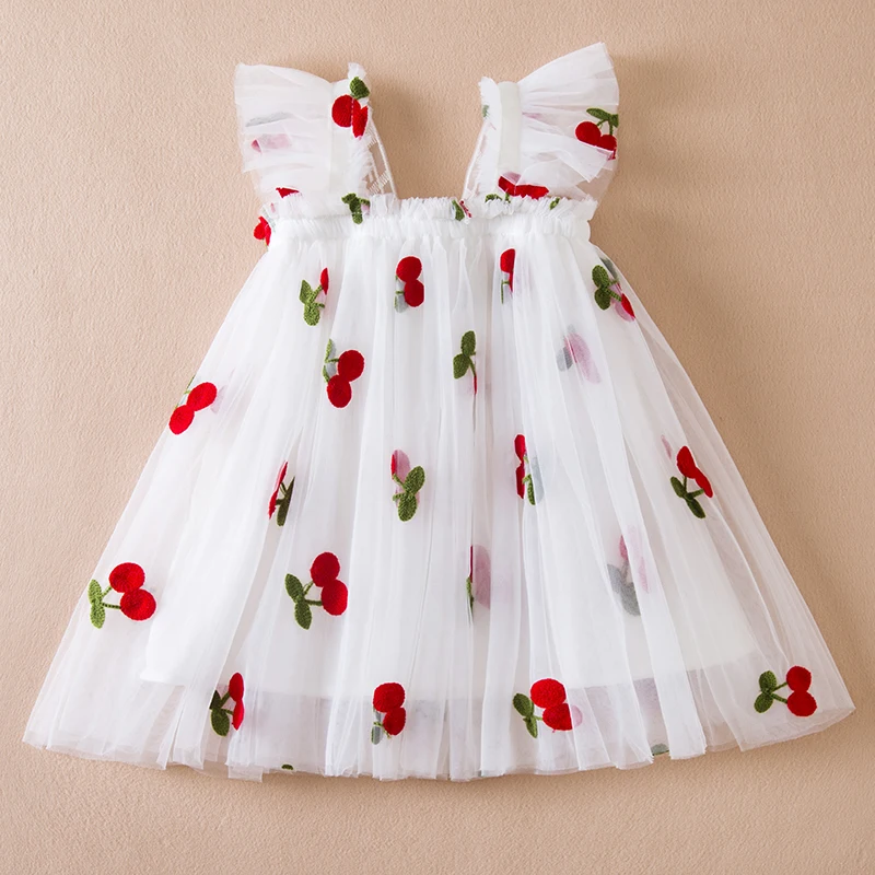 Cute Baby Girl Clothes Embroidery Cherry Strap Dress with Butterfly Wings Birthday Party Tulle Dress Infant Summer Casual Wear 1