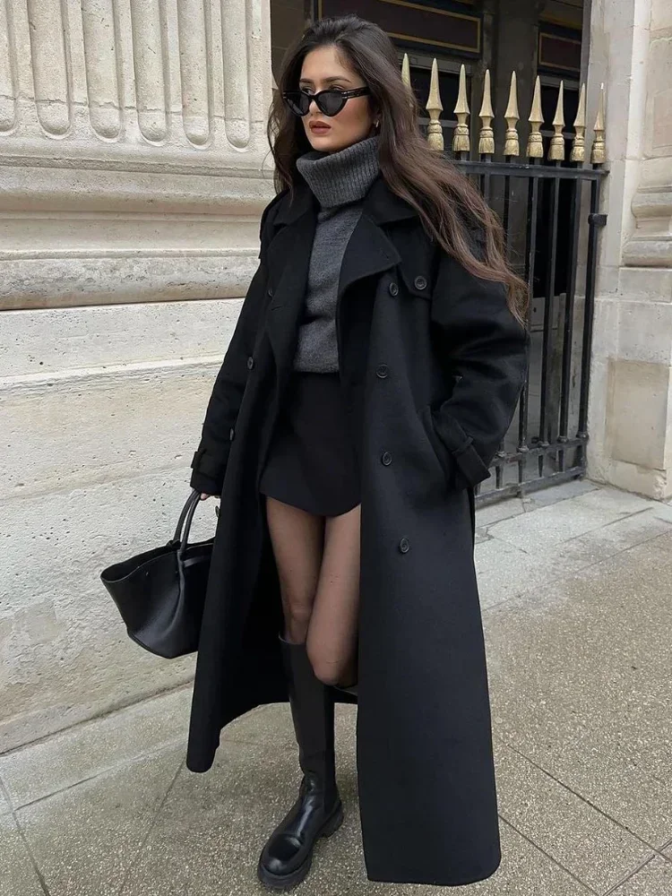 Fashion With Belt Black Woolen Long Coat For Women Oversize Loose Double Button Lapel Overcoat Autumn Lady High Street Outerwear 3
