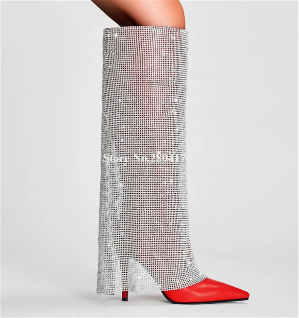 

Charming Bling Bling Rhinestones Tassels Thin Heel Knee High Boots Pointed Toe Crystals Stiletto Heel Red Long Boots