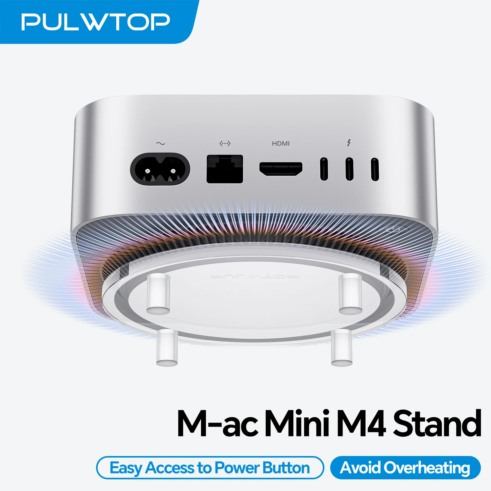 PULWTOP 투명 아크릴 데스크 스탠드, 간편한 전원 버튼 접근 기능이 있는 미니멀리스트 M4 홀더, Mac Mini M4/M4 Pro용 열 방출 기능