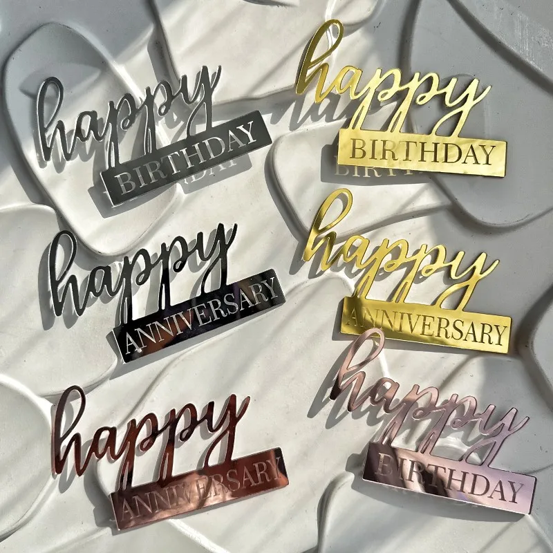 5PCS Happy Birthday Cake Topper Acrylic Gold Mirror Cupcake Topper for Birthday Cake Dessert Anniversary Cake Decor Supplies
