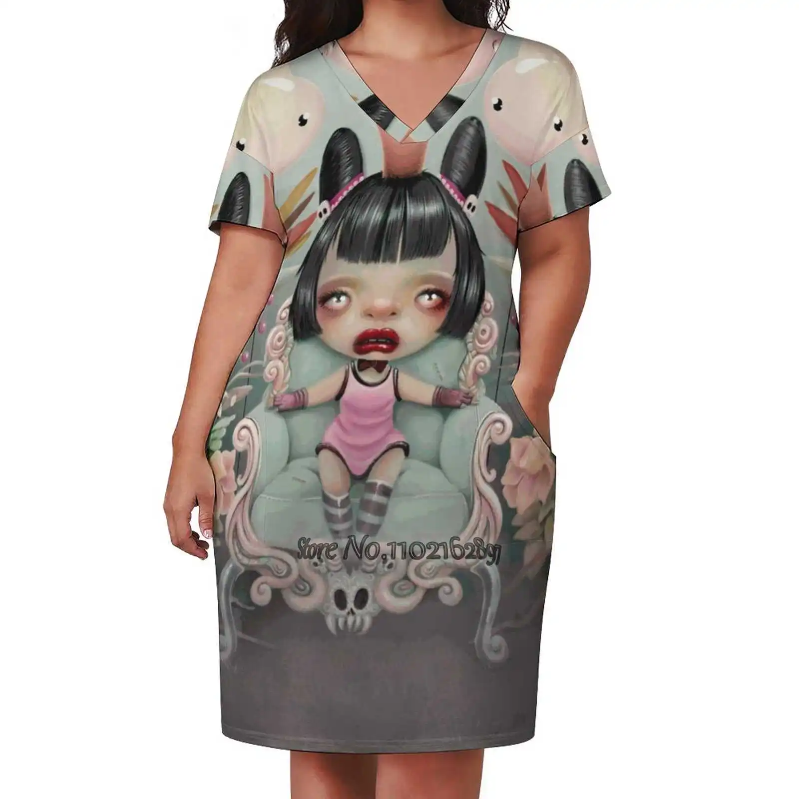 

Party Loose V-Neck Skirt Sexy Short Sleeve Skirt Loose A-Line Dress Light And Breathable Dress Doll Balloon Flowers Nature