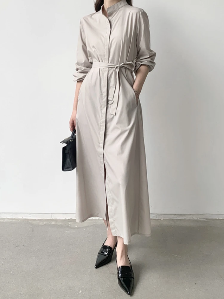 

Women's Dress Fashionable Korean Version of New in Loose Fitting Shirt Collar Lazy Style Lace Up Long Dress Women's Clothing