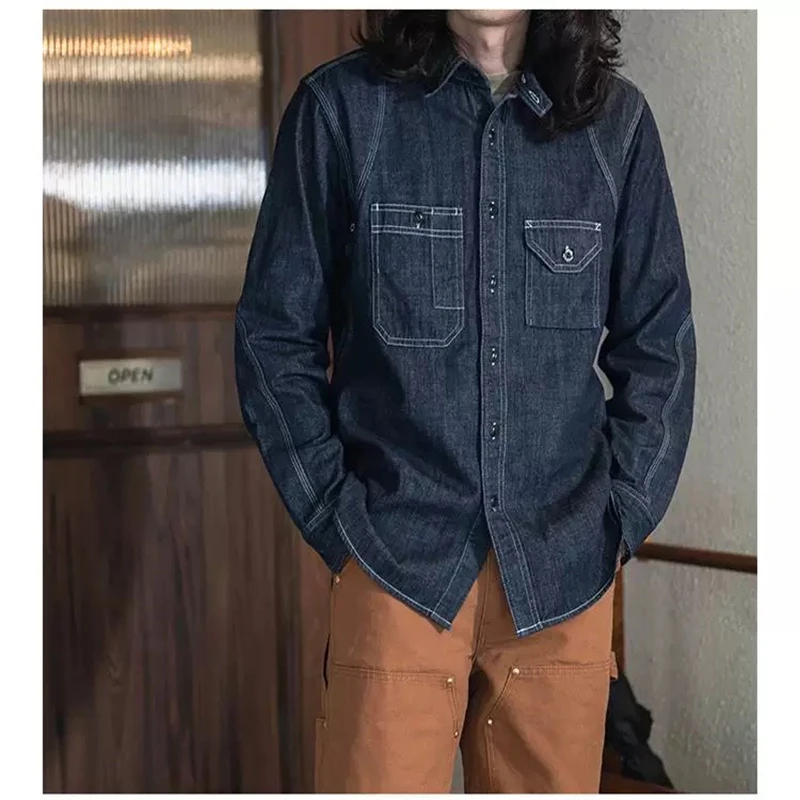 1933 Model Triple Stitch Denim Work Shirt With Cigarette Pocket Vent Holes denim shirt long sleeved shirt