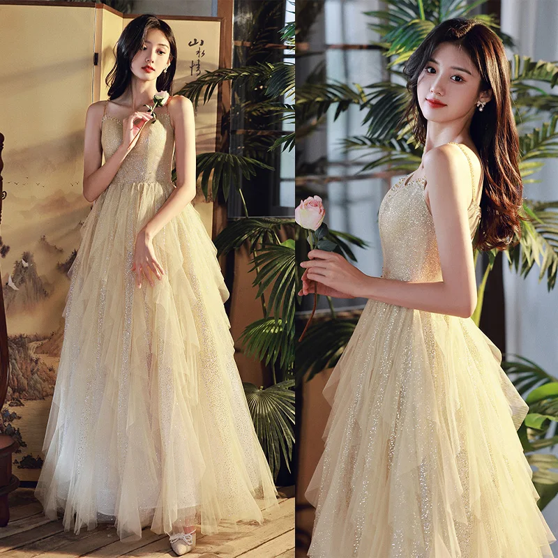 

It's Yiiya Gold Sequins Strapless Pleat A-Line Lace Up Floor-Length Sleeveless Tulle Formal Dress New Dress Woman Party A2774