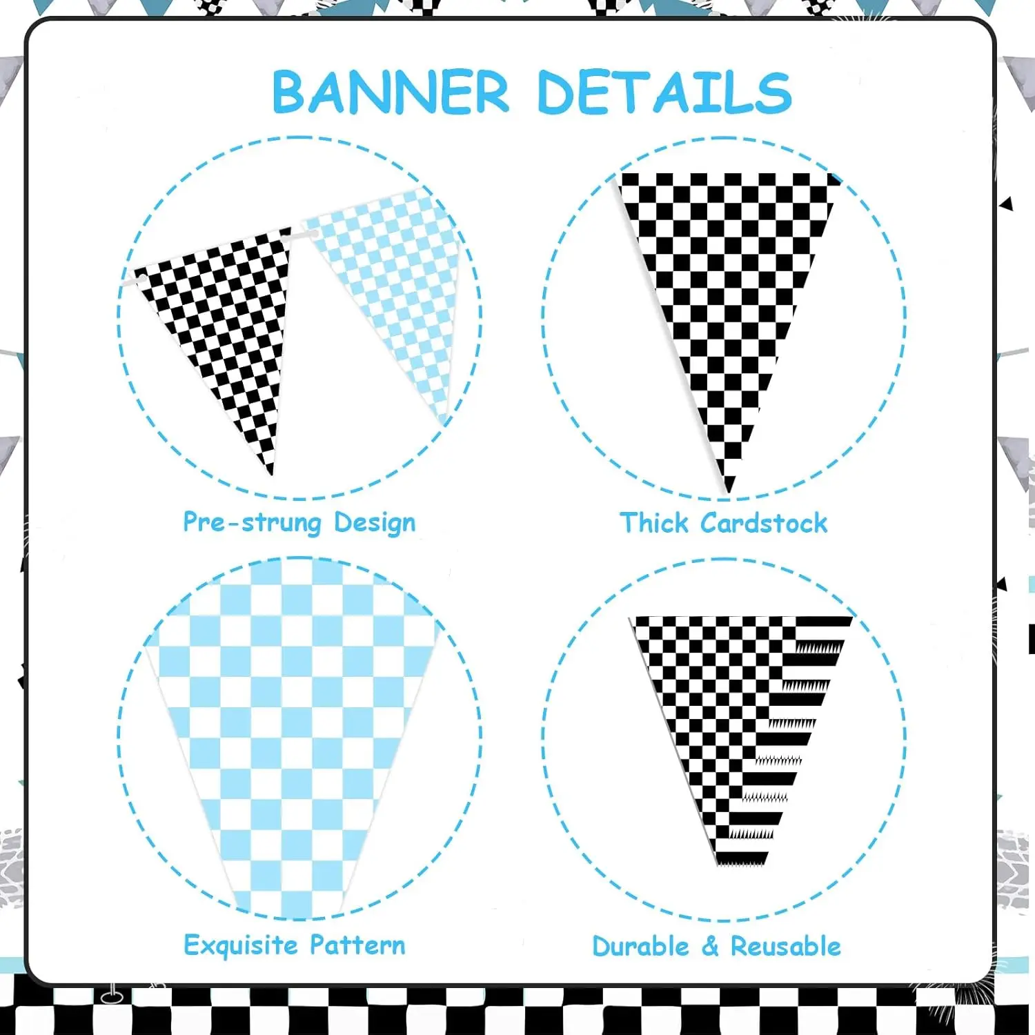 Blue Race Car Party Decorations Checkered Triangle Banners,Racing Flags Banner,Checkered Racing Car Two Fast Birthday Party