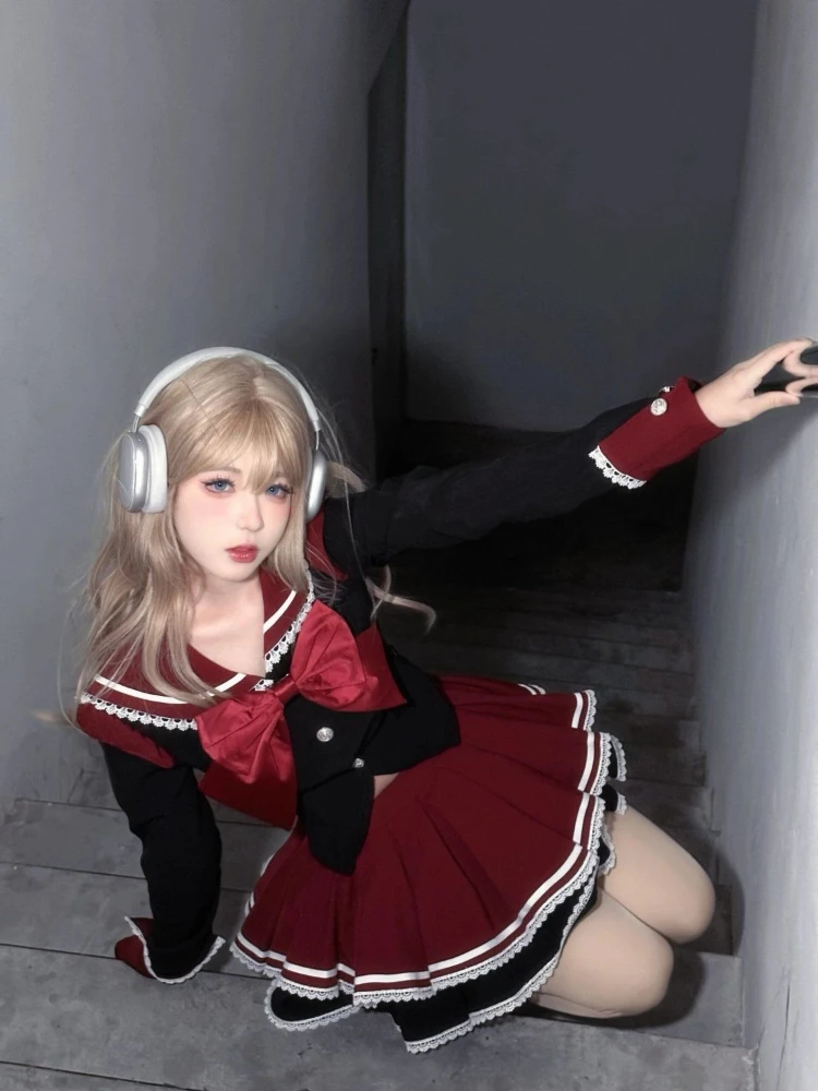 Y2k Aesthetic Preppy Style 2 Piece Set Women Kawaii Bow Long Sleeve Tops +Short Skirt Harajuku Fashion JK Uniform Sailor Outfits 4