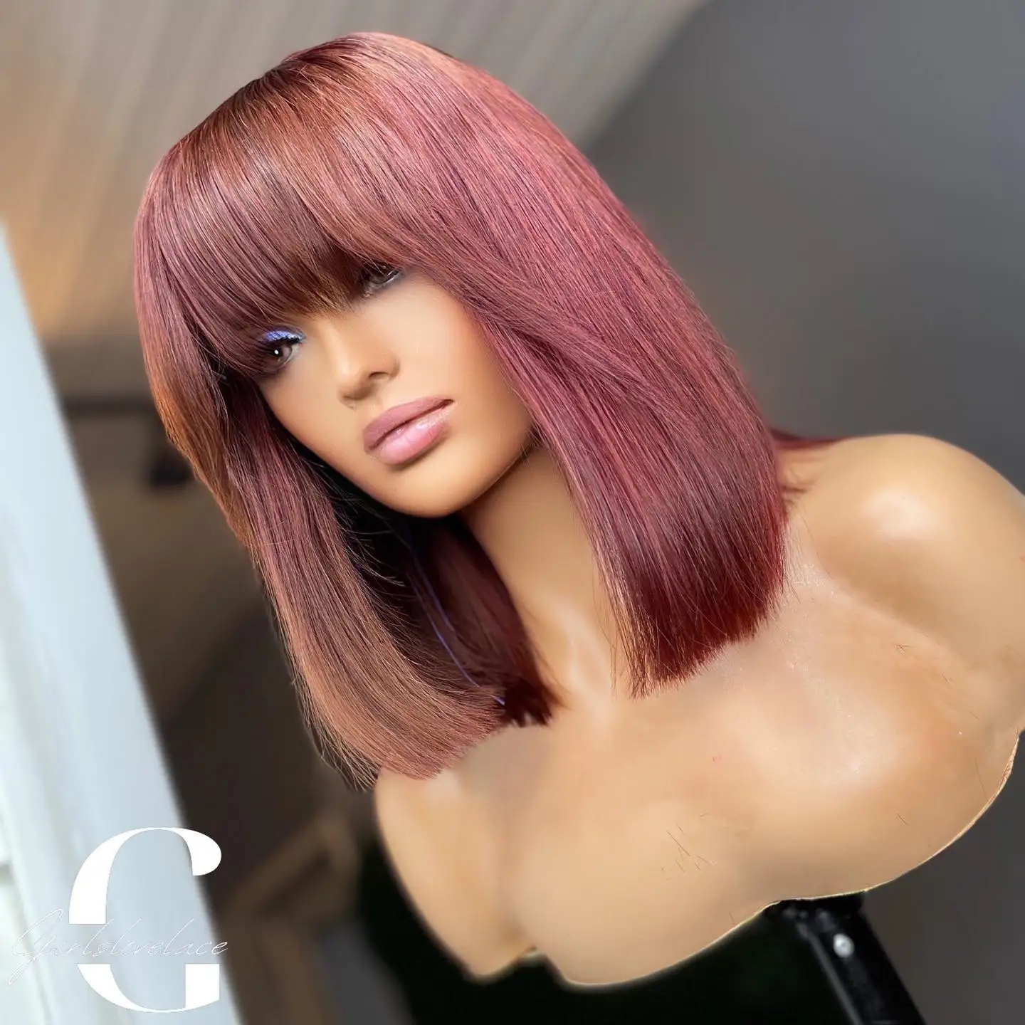 99J Burgundy Red Short Human Hair Wig with Fringe for Women Bob Wigs With Bangs Straight Remy Brazilian Dark Brown Color |