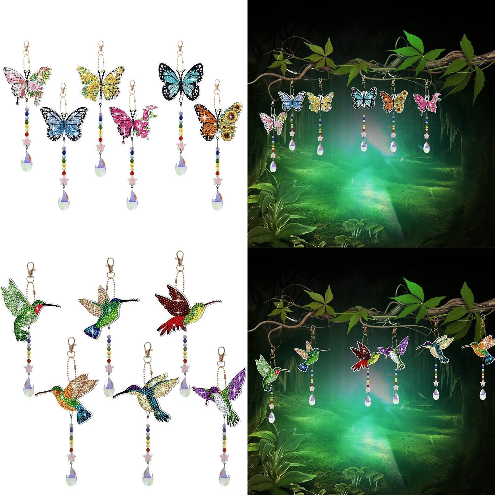

6Pcs Diamond Picture Wind Chimes Kit DIY Hummingbird/Butterfly Diamond Painting Art Pendant Exquisite Double Side Diamond