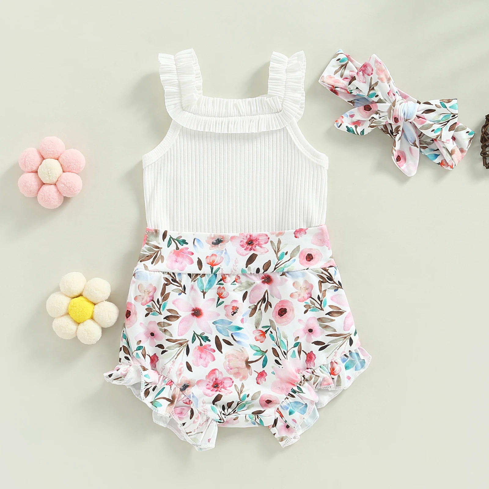 Infant Newborn Baby Girls Shorts Set, Sleeveless Romper + Flower/Rainbow/Butterfly Print Shorts + Hairband 3Pcs Set 0-18M 6