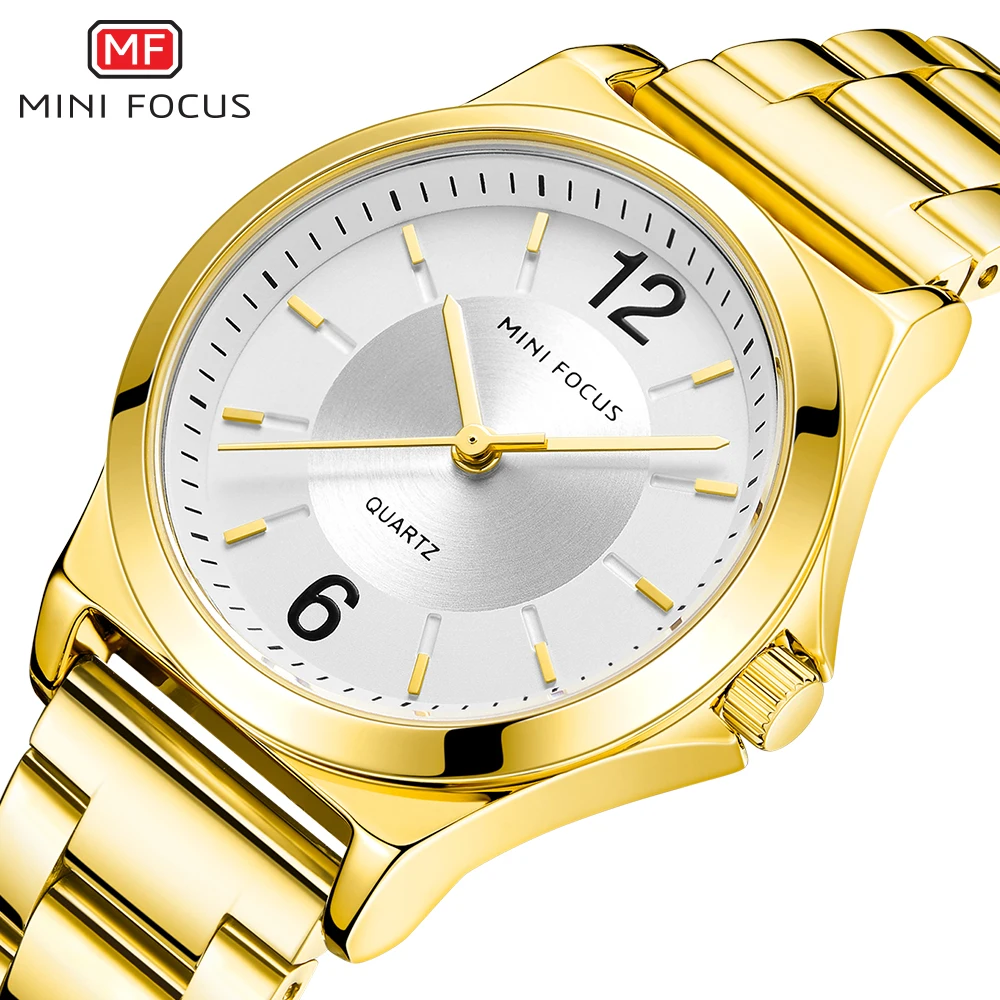 Mini Focus Luxury Brand Gold Watch Per Donna Fashion Elegant Quartz Ladies Orologi Royal Stainless Steel Strap Orologi Da Polso 0308