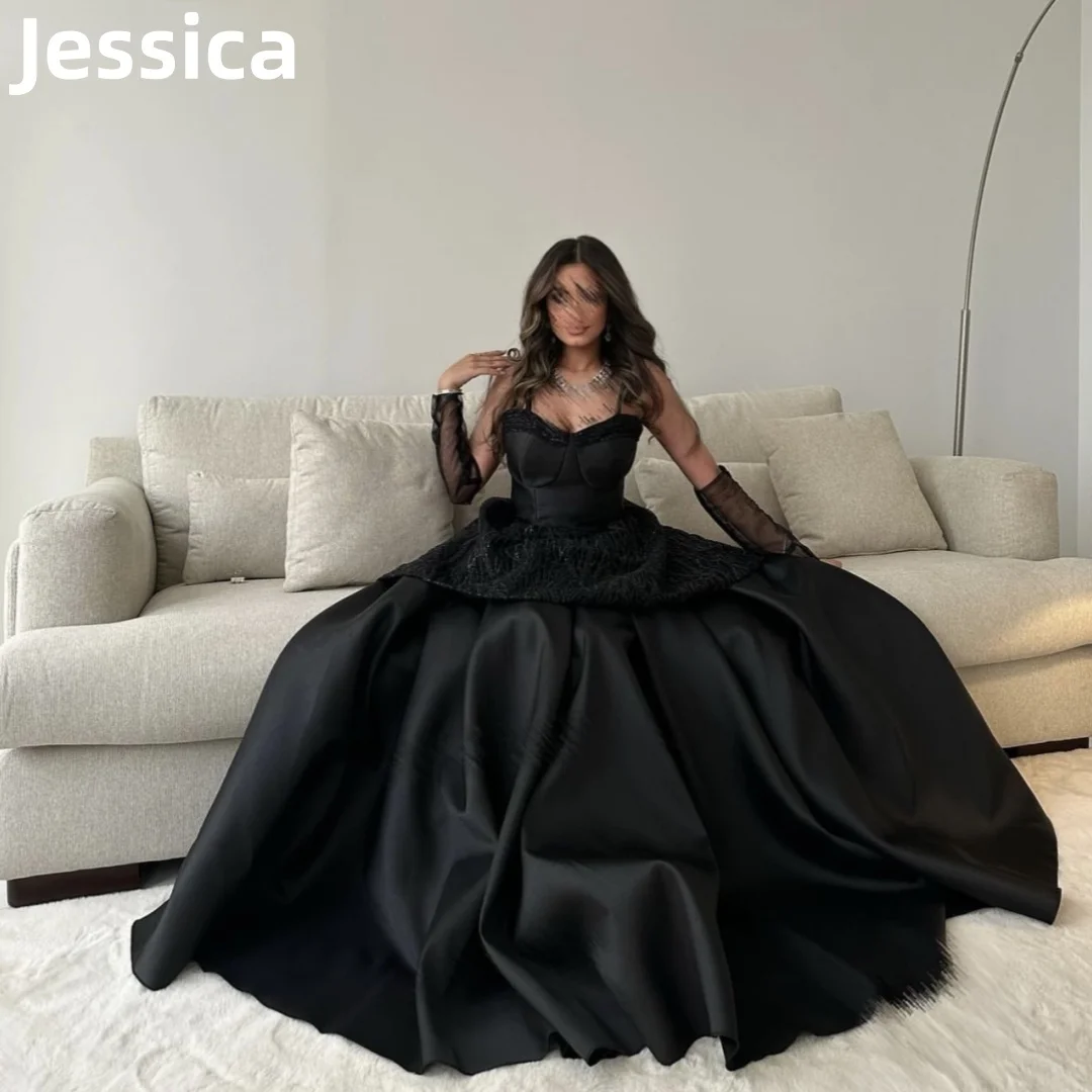 

Jessica Black Prom Dress Luxurious Satin Evening Dress 2024فساتين السهرة Lace Long Sleeves Elegant Lady Formal Wear Party Dress