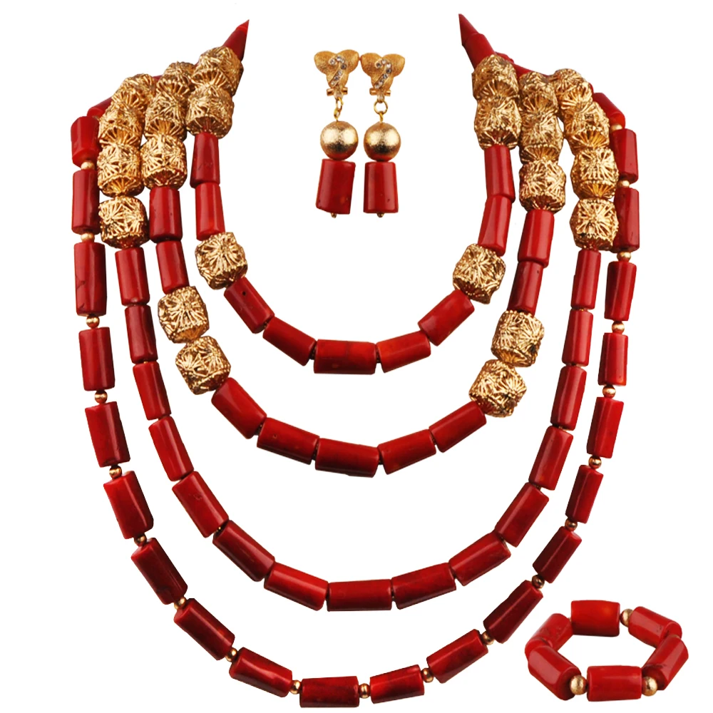 

African Wedding Beads Red Coral Necklace Bridal Jewelry Sets