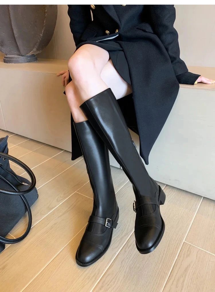 

Round Head Belt Buckle Botte Femme Knee High Long Boots Leather Side Zipper Women Shoes Thick Heels Solid Color Zapatos Mujer