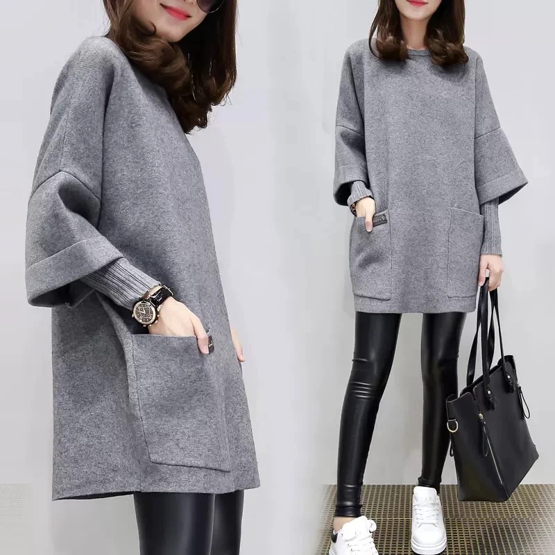 

Knitted Sleeves Spliced Woollen Hoodie For Women Autumn Winter 2022 New Mid-Length Fake Two-Piece top Thickened Base Women Dress