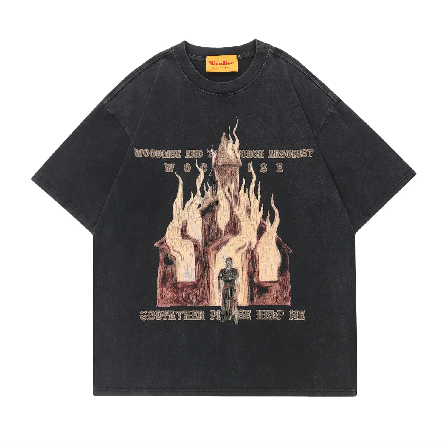 

Men Streetwear Hip Hop T-shirt Oversized Fire Flame Burning House Graphic T-Shirt 2023 Harajuku Washed Black T Shirt Cotton Tops