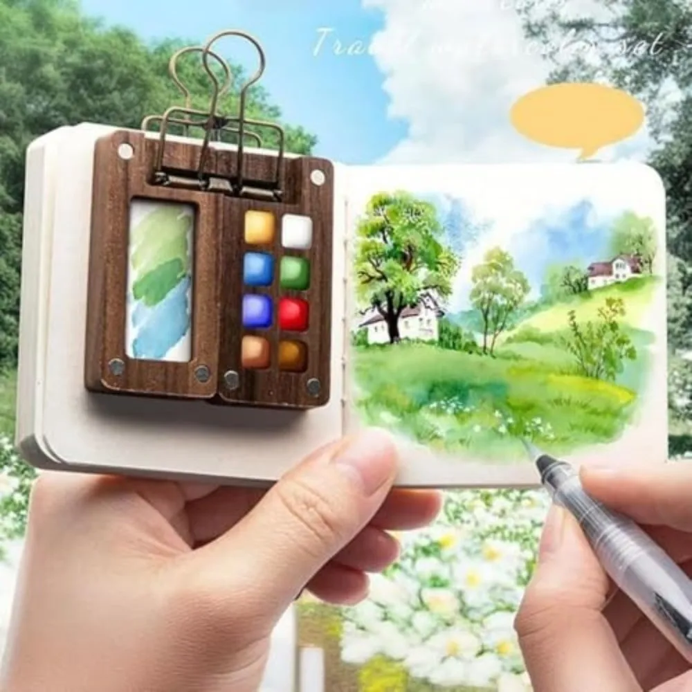 새로운 8칸 포켓 팔레트 15칸 호두나무 미니 수채화 세트 미니 사이즈 나무 수채화 세트 학생용