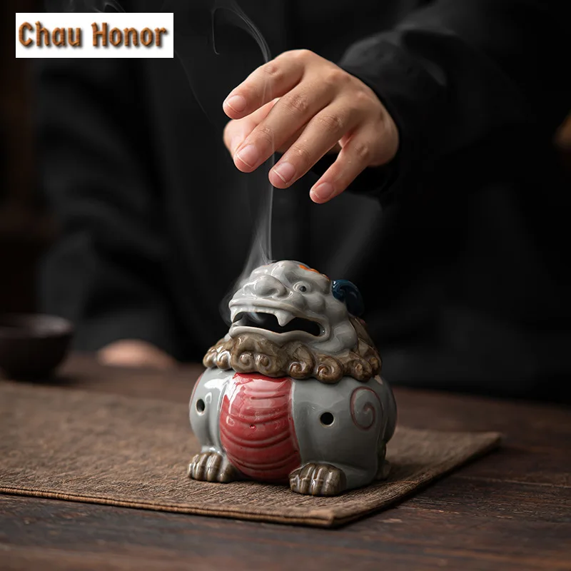 

Lion Dragon Colored Pottery Incense Stove Ancient Divine Beast Pottery Mud Incense Burner Zen Censer Burner Holder Ornaments