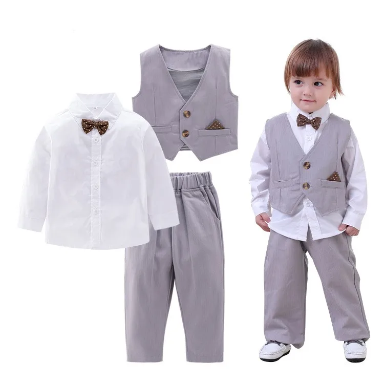 

New Arrival Gentleman Brown Plaid Bowtie Decorated Boys 3-piece Vest Set /Flower Boy Clothes 3153