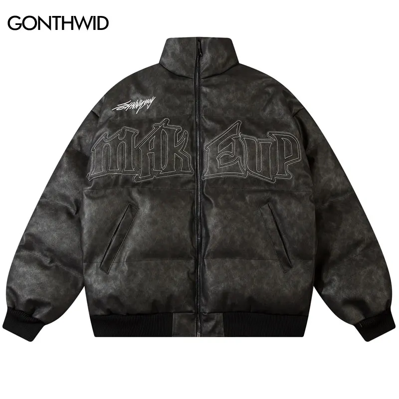

Vintage Thick Warm Leather Jacket Winter Parkas Streetwear Hip Hop Retro Embroidery Patch PU WaterProof Padded Coat Parka 2023