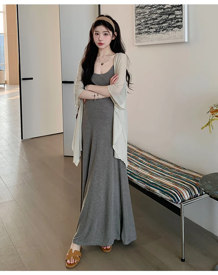 임산부 여름복 2026 부드럽고 우아한 분위기의 그레이 스파게티 스트랩 드레스와 가디건 투피스 세트