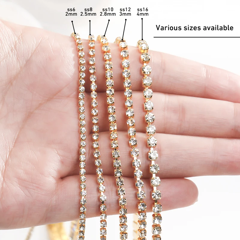 1Yard 10Yards/Roll Shiny Rhinestone Chain SS6-SS16 Gold Silver Crystal For Clothes DIY Jewelry Sewing Trimmings Accessories