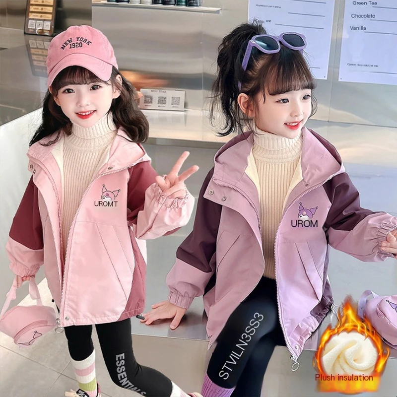 

2023 Kuromi Sanrio Kawaii Anime Spring Autumn New Storm Jacket Cute Cartoon Childrens Sports Fleece Coat Windbreaker Toys Kids