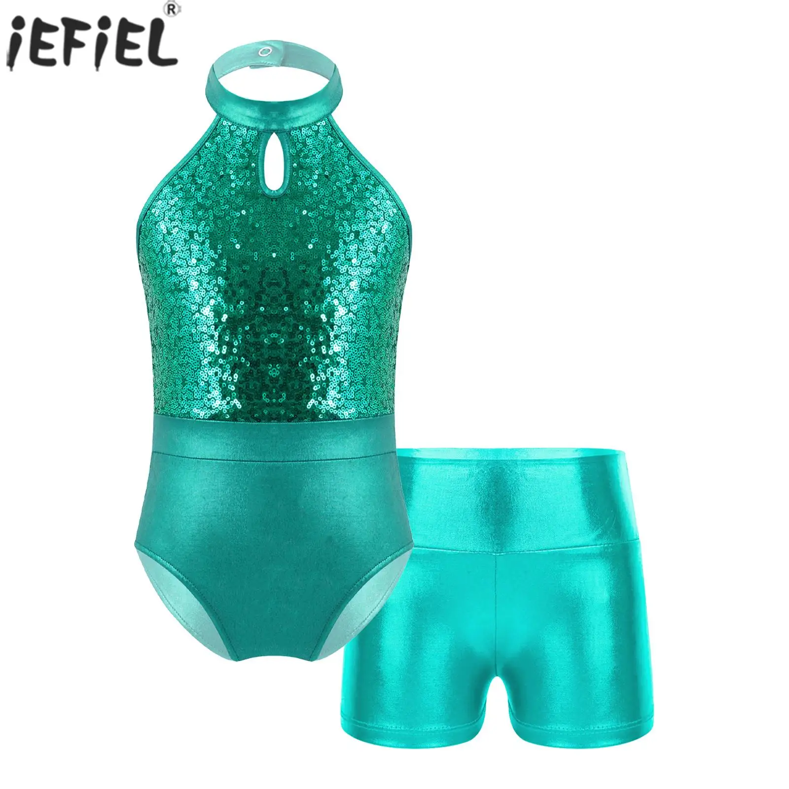 

Kid Girls Sleeveless Halter Sequin Gymnastics Leotard with Shorts Workout Skating Ballet Dance Competition Performance Dancewear