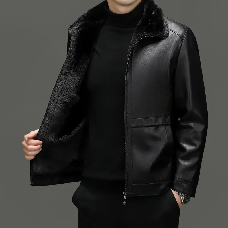 

Autumn And Winter Men's High End Natural Leather Coat Lamb Fur Collar Middle Aged Youth Jacket Business Casual Wear