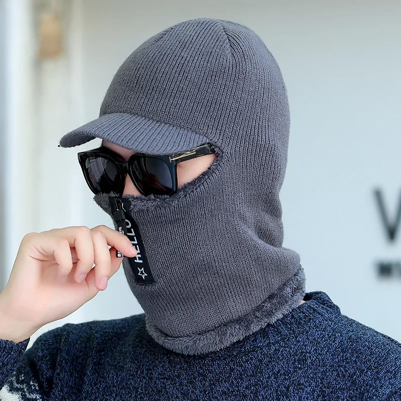 Men's Winter Plush Balaclava Lined Knitted Hat With Zipper Thicken Warm Visor Beanies Hats For Men Face Ear Mask Neckwarmer Cap images - 6