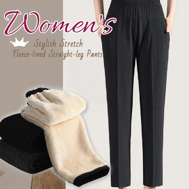 

Women’s Stylish Fleece-lined Straight-leg Pants Atumn Winter Women's Pants Add Velet Mom Pants Elastic High Waist Casual Women