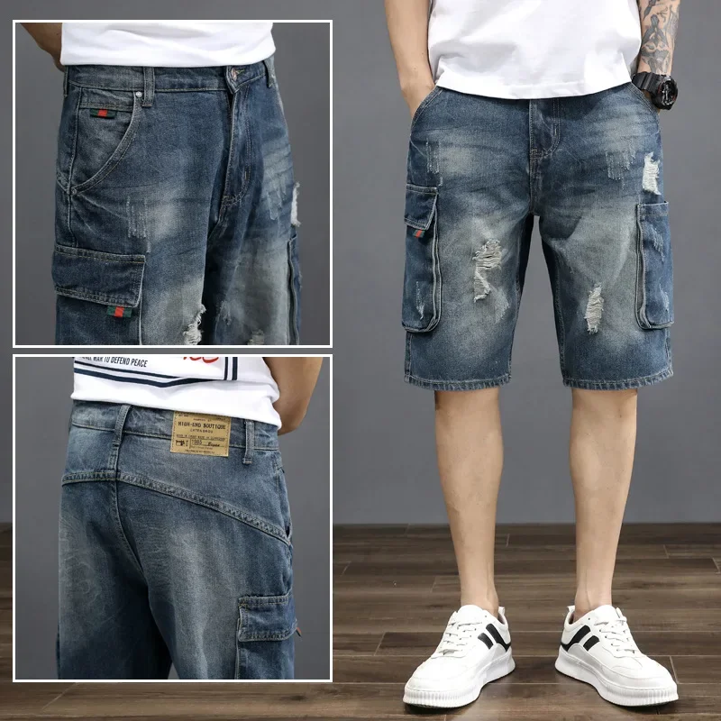 New Summer Men Blue Denim Shorts Cargo Jeans Quality Male Cotton Straight Loose Tooling Shorts Fashion Ripped Knee Length Jeans