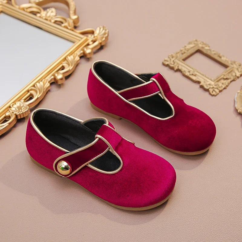 Wine Red Leather Kids Flat Shoes for Girls