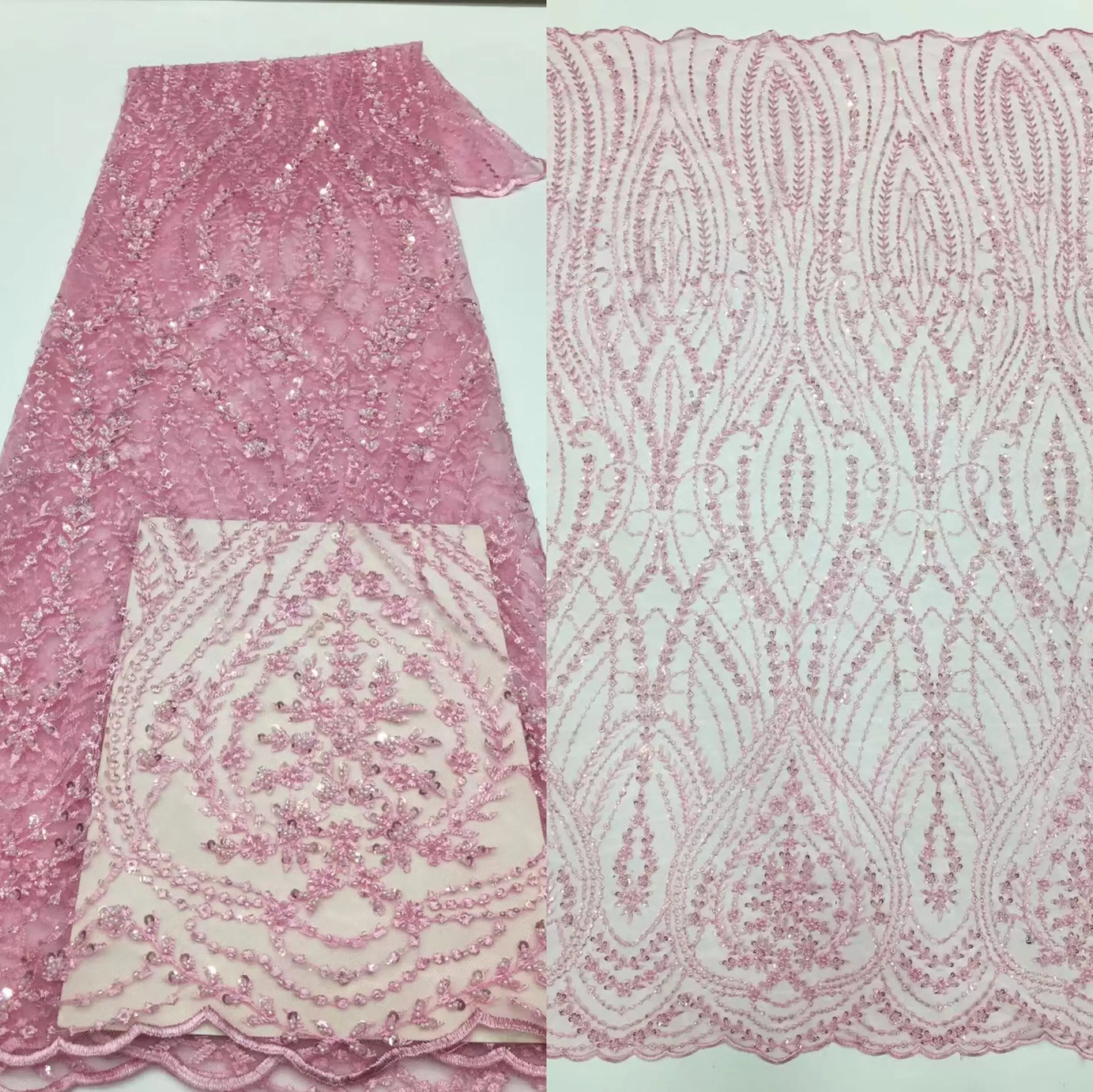 

Nigerian Tulle Lace Fabrics ZH-1215281 With Beads High Quality Luxury African Sequins Embroidery French Tulle Lace For Party
