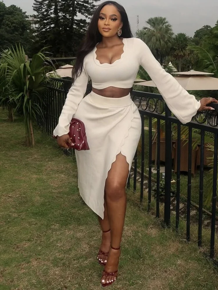 Wmstar Two Piece Set Women Wholesale Stock Cross Border 2025 Autumn New Style Fresh Flared Sleeve Slim Solid Color Slit Suit