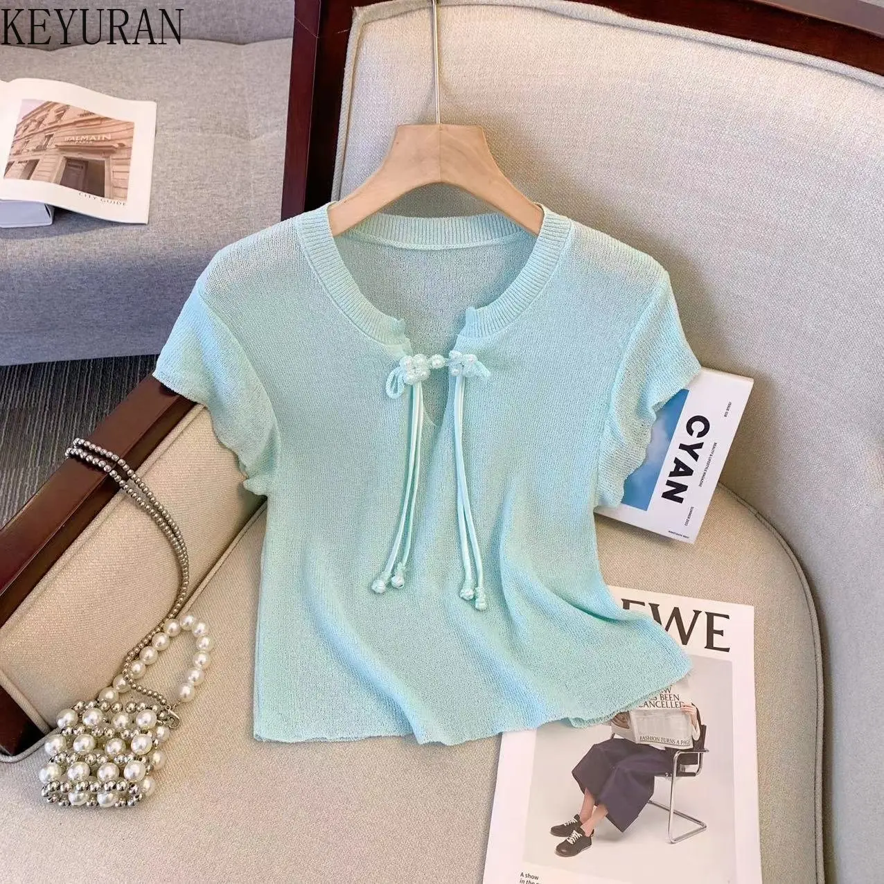 

Retro Button Short Sleeve Sweater Knitted T-shirts Women 2023 Summer Fashion Chic Solid Pullover Knitwear Crop Top Female Tees