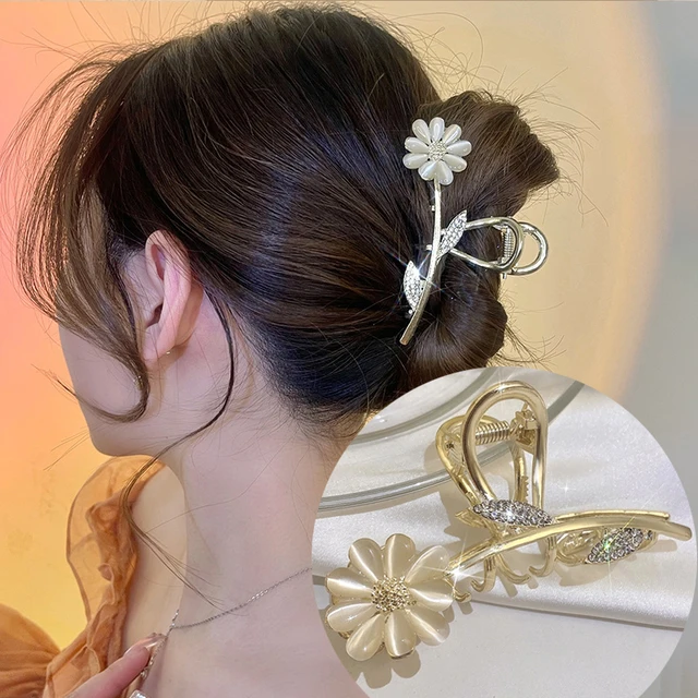 AWAYTR Rhinestone Metal Hair Claw Crab Clip For Women Girls Shiny Barrette Hairpin Crystal Pearl Hair Accessories Jewelry Gift CB1125A 11cm