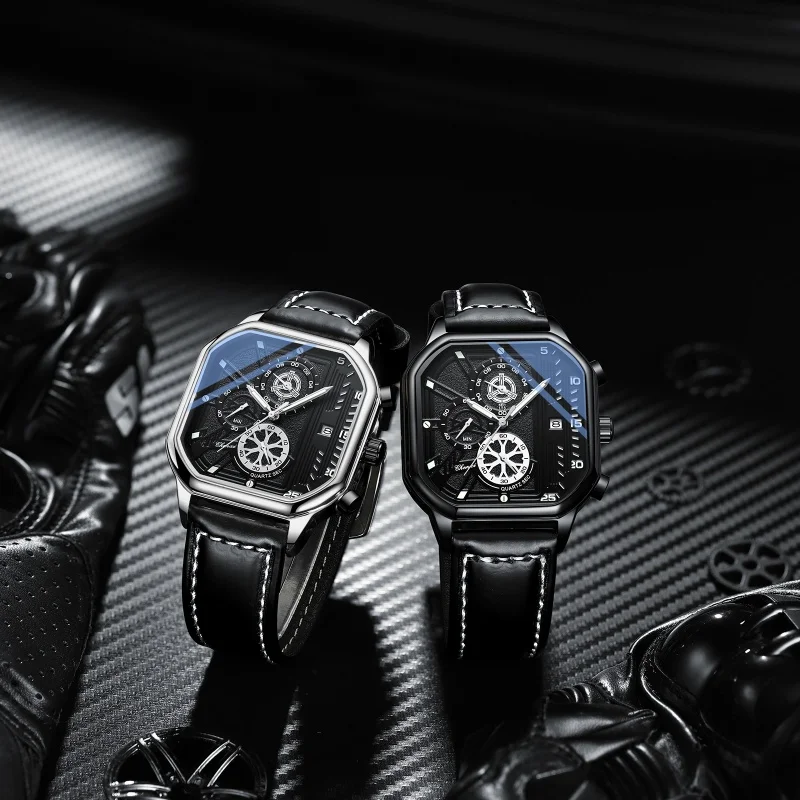 CHENXI 904 Men Quartz Watches Square Dial Wristwatch Chronograph Calendar Luminous Leather Strap Fashion Sports Men's Watch 3
