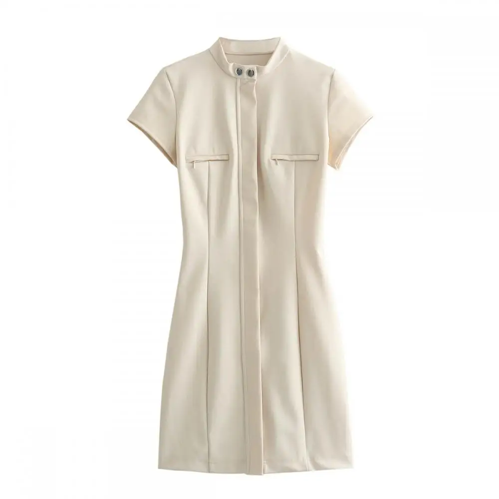 

Women Elegant Slim Zipper Dress Hollow Out Mini Dress Short Sleeve Solid Button Pleated Hip Dress 2024 Summer Female Vestido