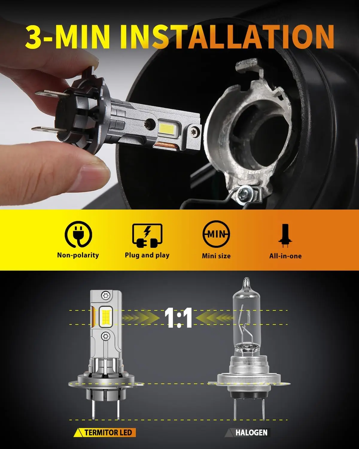 2PCS LED H7/H7LL CANBUS 전구, 50000LM 6500K 슈퍼 브라이트, 1:1 할로겐 크기, H7 안개등, 쉬운 설치, 무극성