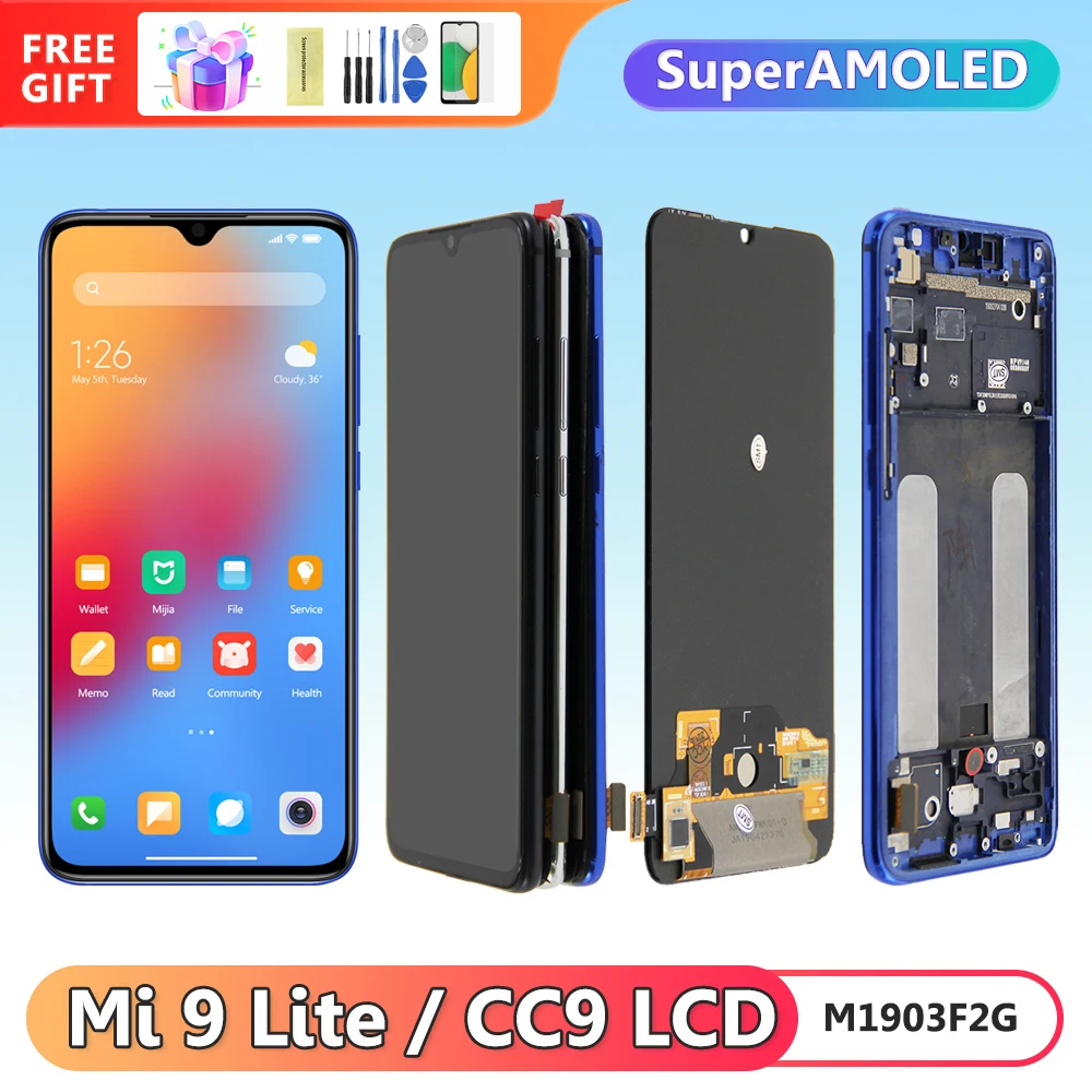 Super AMOLED Mi 9 Lite M1904F3BG Display Screen, for Xiaomi Mi CC9 Lcd Display Digital Touch Screen with Frame Replacement