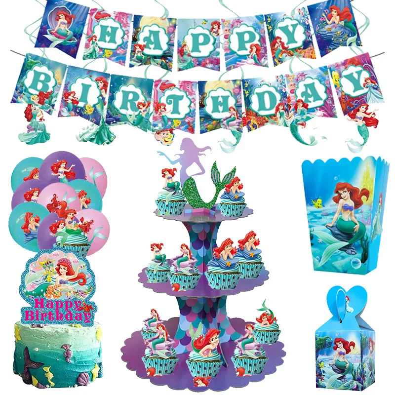Little Mermaid Birthday Cake Decorating Cake Stand Banner Box Set Di Stoviglie Usa E Getta Palloncini Forniture Per Decorazioni Per Feste Per Bambini