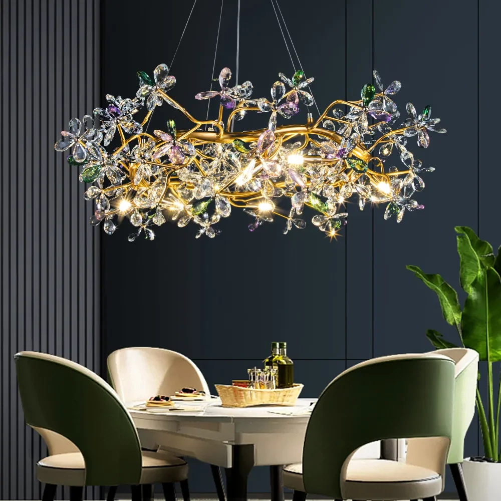 

French Chandelier Crystal Pendant Lights Dining Room Gold Hanging Ceiling Villa Luxury Lamp Flower Lustres Hallway Fixtures