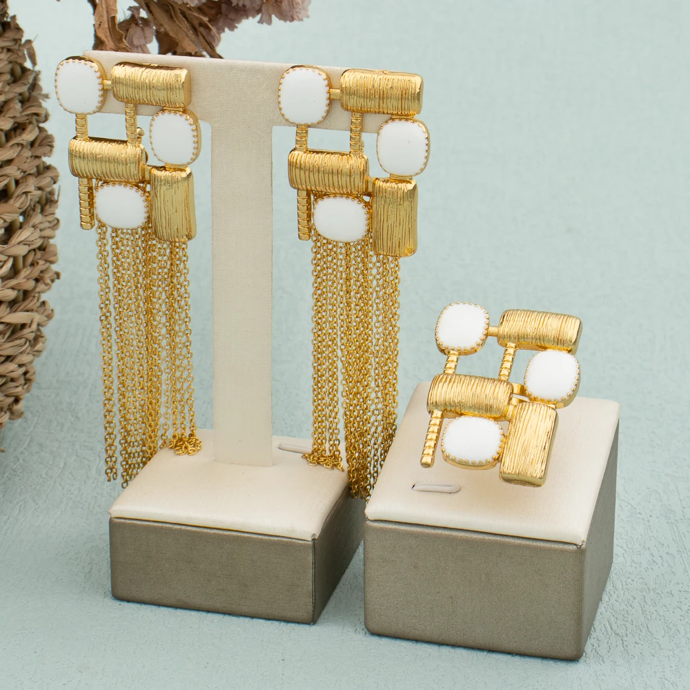 Italian 18k Gold Plated Earrings and Ring Set Red Zircon Luxury Dubai Rectangle Jewelry Set for Women Weekend Party Wedding Gift