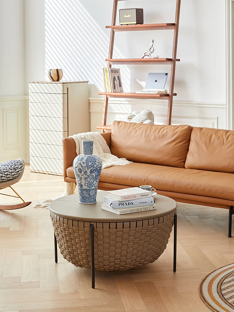 

Light Luxury Minimalist round Storage Coffee Table Storage Designer Saddle Leather round Tea Table