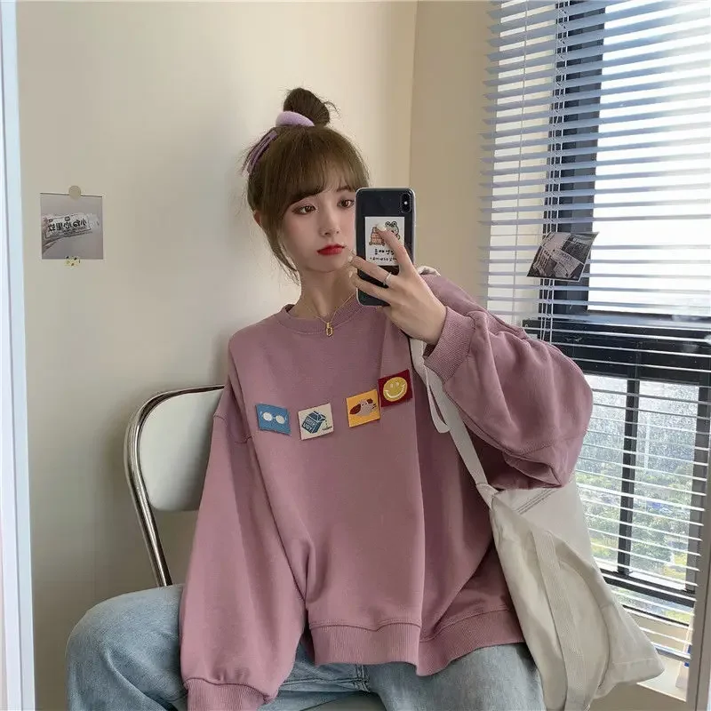 Simple Women Tops Cartoon Printed Loose Casual Thin Sweatshirts Spring Autumn Bottom Clothing Chic O-Neck Pullovers Streetwear