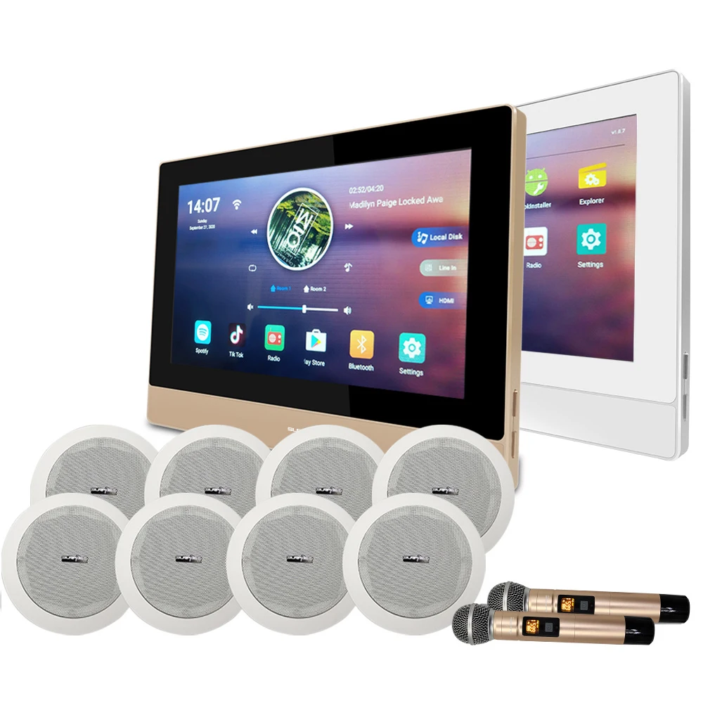 Smart Home Cinema Music Center Audio Sound Karaoke System Touch Screen In Wall Audio Android Amplifier With Microphone Speakers