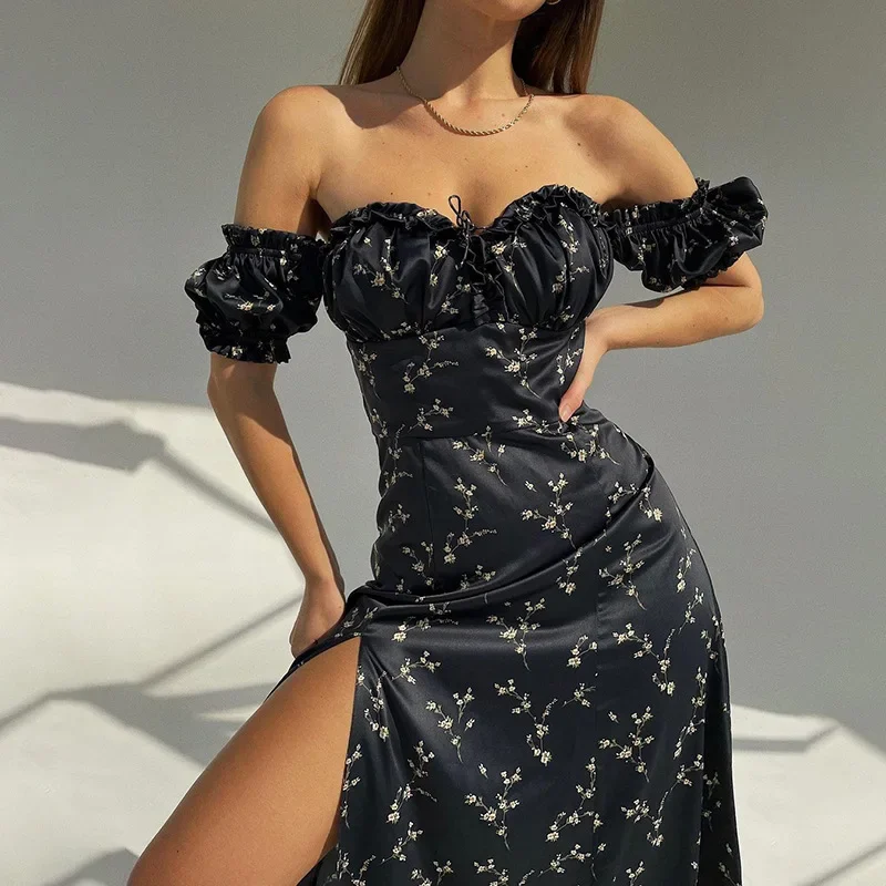 

Summer Women's Floral Off Shoulder Puff Sleeve Sexy Maxi Dress Ladies Robe Sexy Lace Up Side Split Chic Mid-Calf Aesthetic Dress